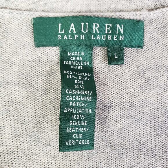 Ralph Lauren Cashmere Sweater Cardigan Leather Elbow Patches Gray Tie Waist - Picture 8 of 11